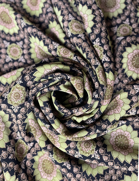Green Indian Floral Print Rayon Crepe Fabric - 2 yds