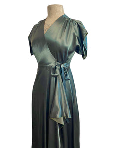Satin Green Elegant 1940s Style Cascade Wrap Dress