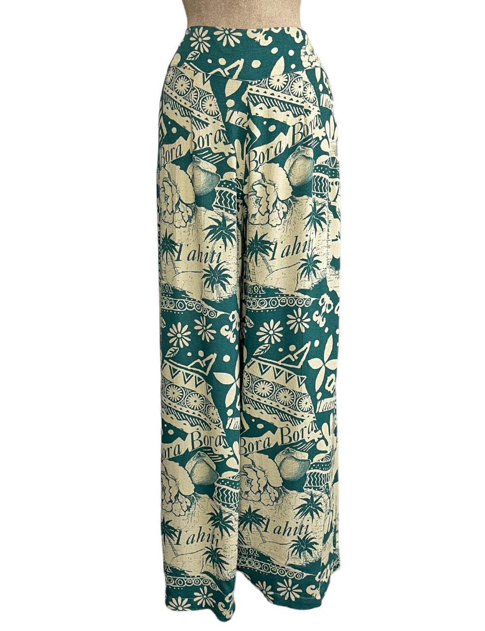 Green South Seas Print Soft Rayon High Waisted Palazzo Pants