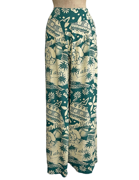 Green South Seas Print Soft Rayon High Waisted Palazzo Pants