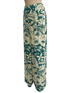 Green South Seas Print Soft Rayon High Waisted Palazzo Pants