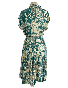 Green South Seas Soft Rayon 1940s Marta Halter Swing Dress