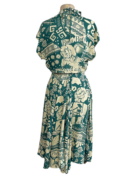Green South Seas Soft Rayon 1940s Marta Halter Swing Dress
