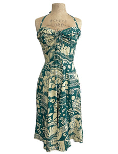Green South Seas Soft Rayon 1940s Marta Halter Swing Dress