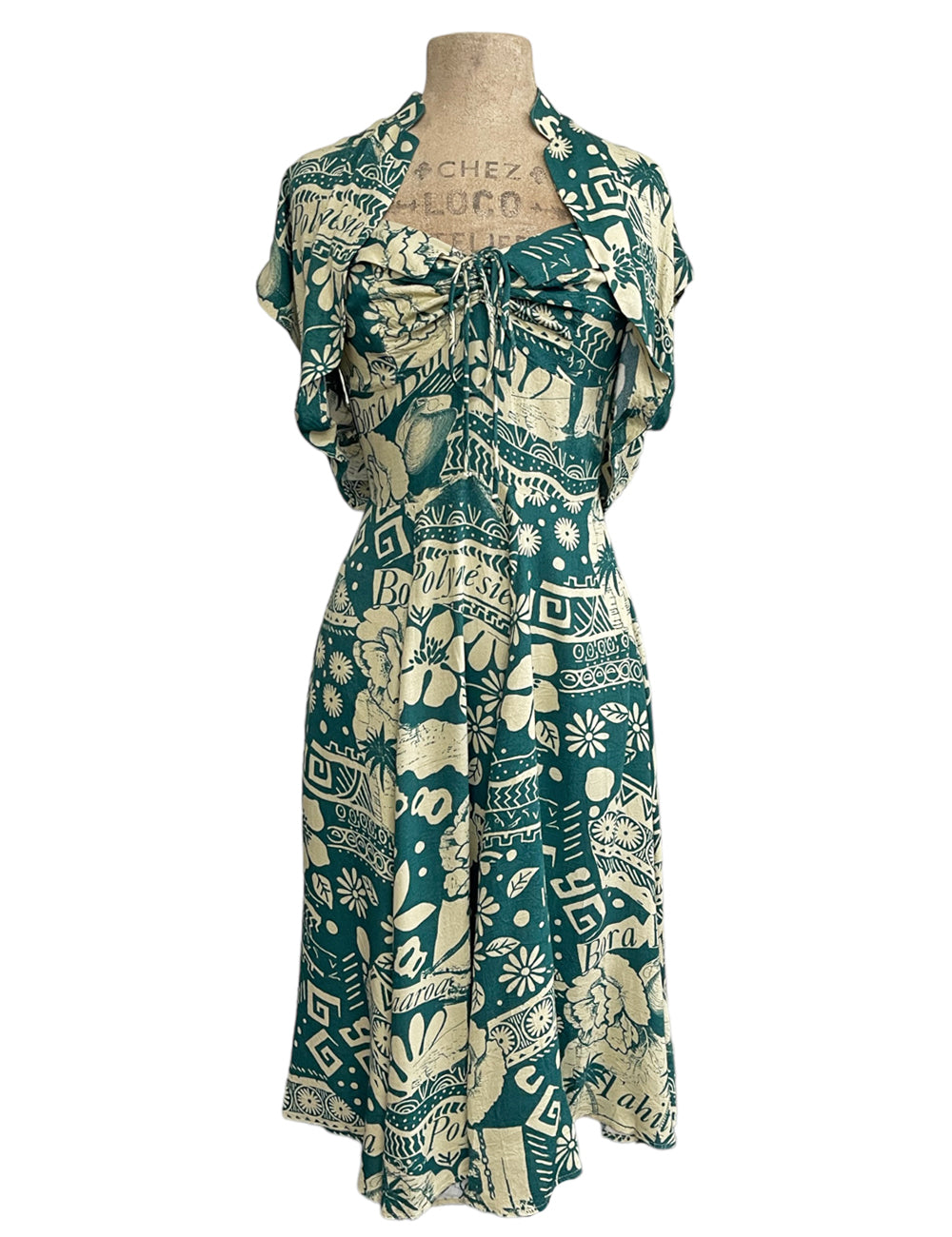 Green South Seas Soft Rayon 1940s Marta Halter Swing Dress