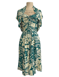 Green South Seas Soft Rayon 1940s Marta Halter Swing Dress