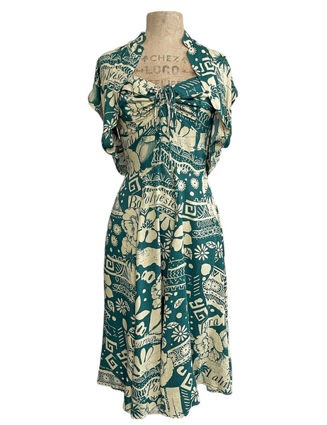 Green South Seas Soft Rayon 1940s Marta Halter Swing Dress