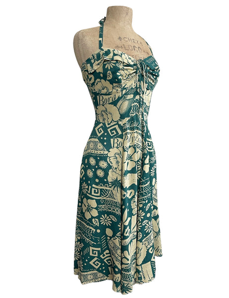 Green South Seas Soft Rayon 1940s Marta Halter Swing Dress