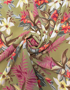 Green Tropical Floral Rayon Crepe Fabric - 1 yd