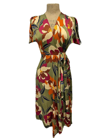 Green Satin Floral 1940s Cascade Wrap Dress