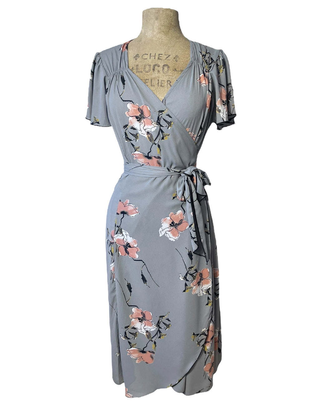 Soft Grey Sketched Floral Biasa Wrap Dress