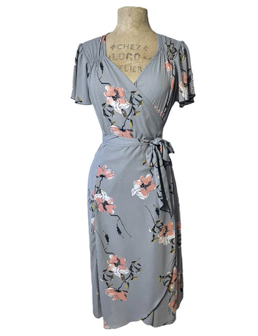 Soft Grey Sketched Floral Biasa Wrap Dress