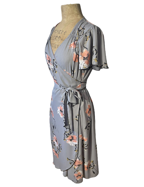 Soft Grey Sketched Floral Biasa Wrap Dress
