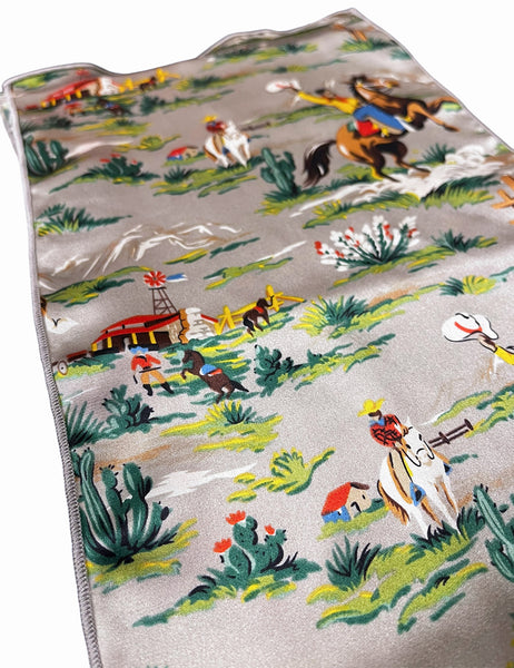 Silk Charmeuse Grey Western Print Skinny Scarf