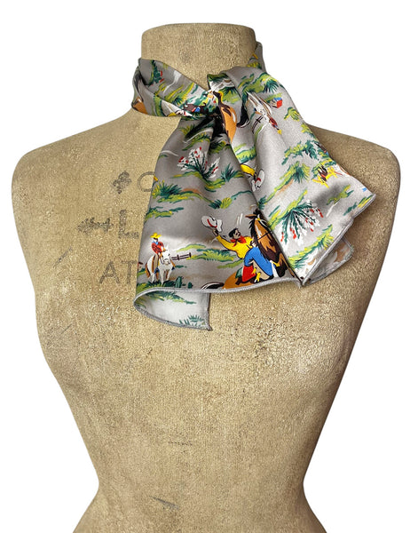 Silk Charmeuse Grey Western Print Skinny Scarf