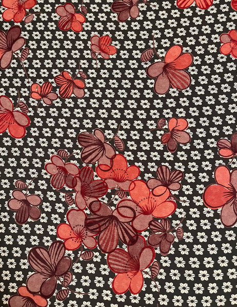 Grey & Pink 70s Floral Rayon Crepe Fabric - 3 & 1/3 yds