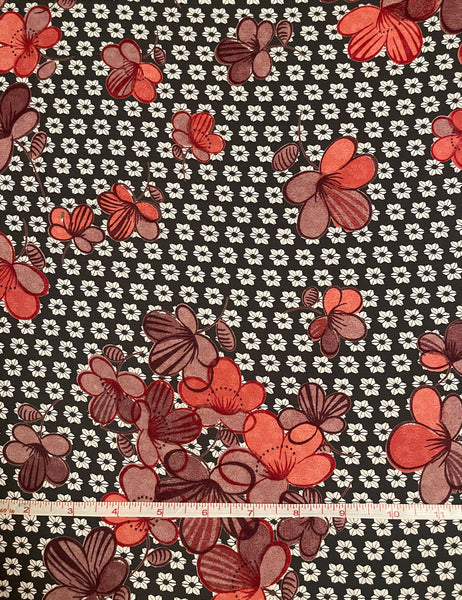 Grey & Pink 70s Floral Rayon Crepe Fabric - 3 & 1/3 yds