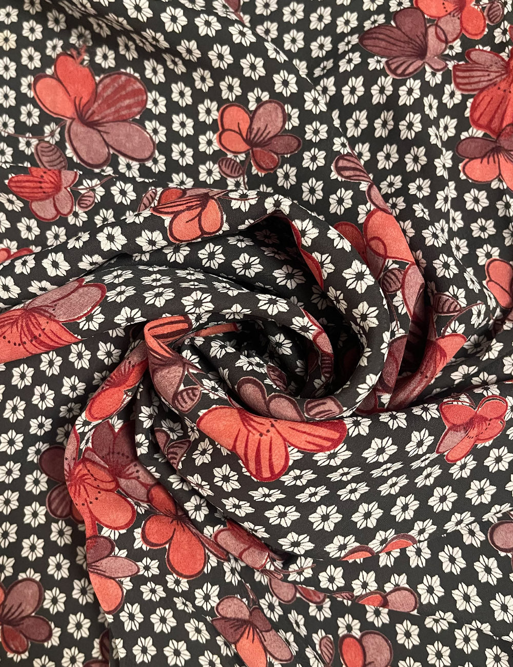 Grey & Pink 70s Floral Rayon Crepe Fabric - 3 & 1/3 yds