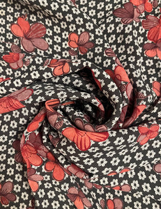 Grey & Pink 70s Floral Rayon Crepe Fabric - 3 & 1/3 yds