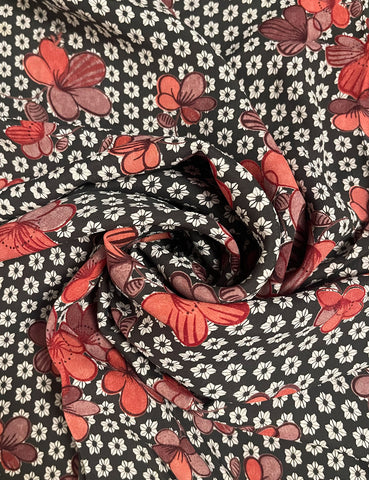 Grey & Pink 70s Floral Rayon Crepe Fabric - 3 & 1/3 yds