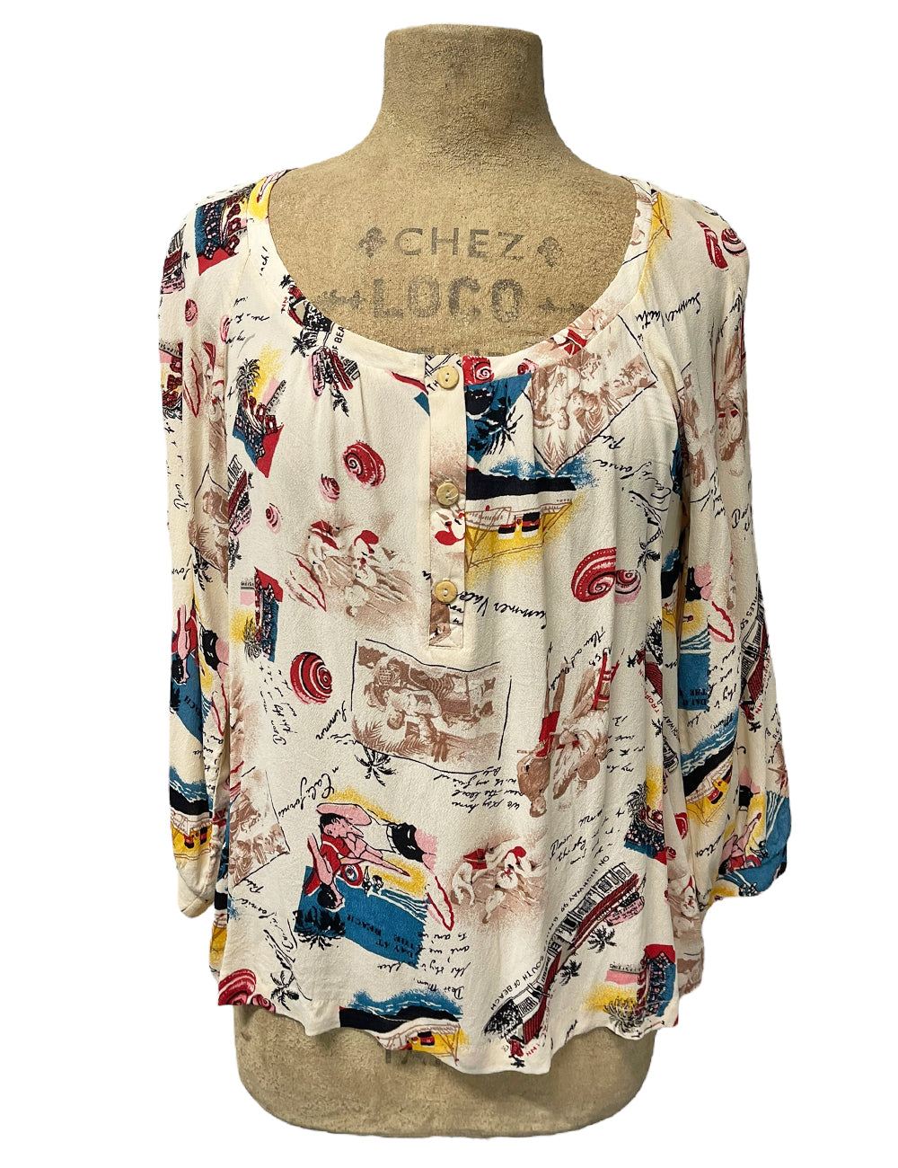 Ivory Postcard Print 3/4 Sleeve Blouse - Size Medium