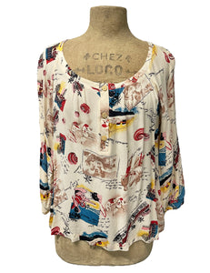Ivory Postcard Print 3/4 Sleeve Blouse - Size Medium