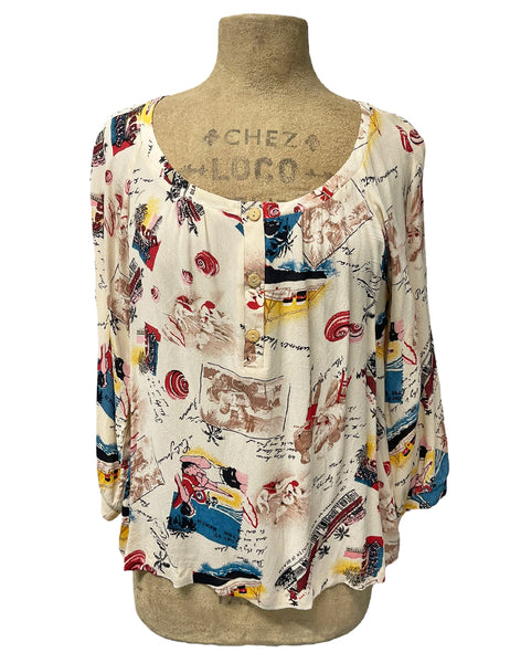Ivory Postcard Print 3/4 Sleeve Blouse - Size Medium