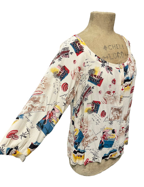 Ivory Postcard Print 3/4 Sleeve Blouse - Size Medium