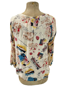 Ivory Postcard Print 3/4 Sleeve Blouse - Size Medium