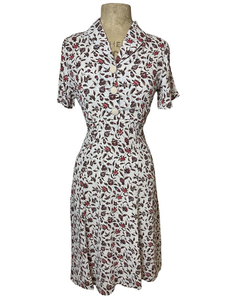 1940s Style Day Dress in White Vine Floral