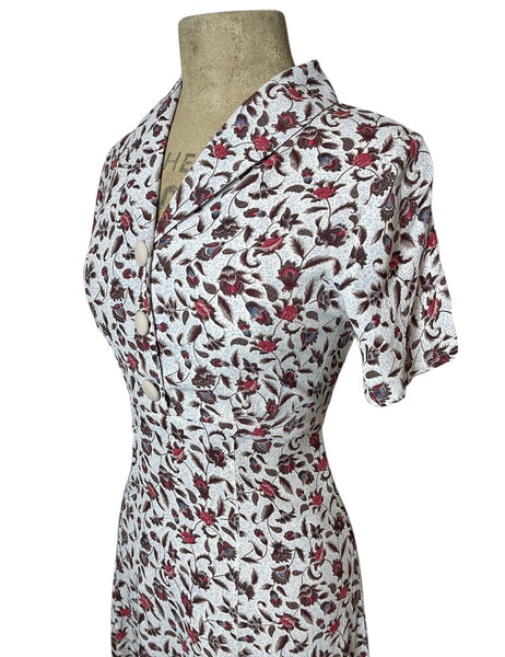 1940s Style Day Dress in White Vine Floral