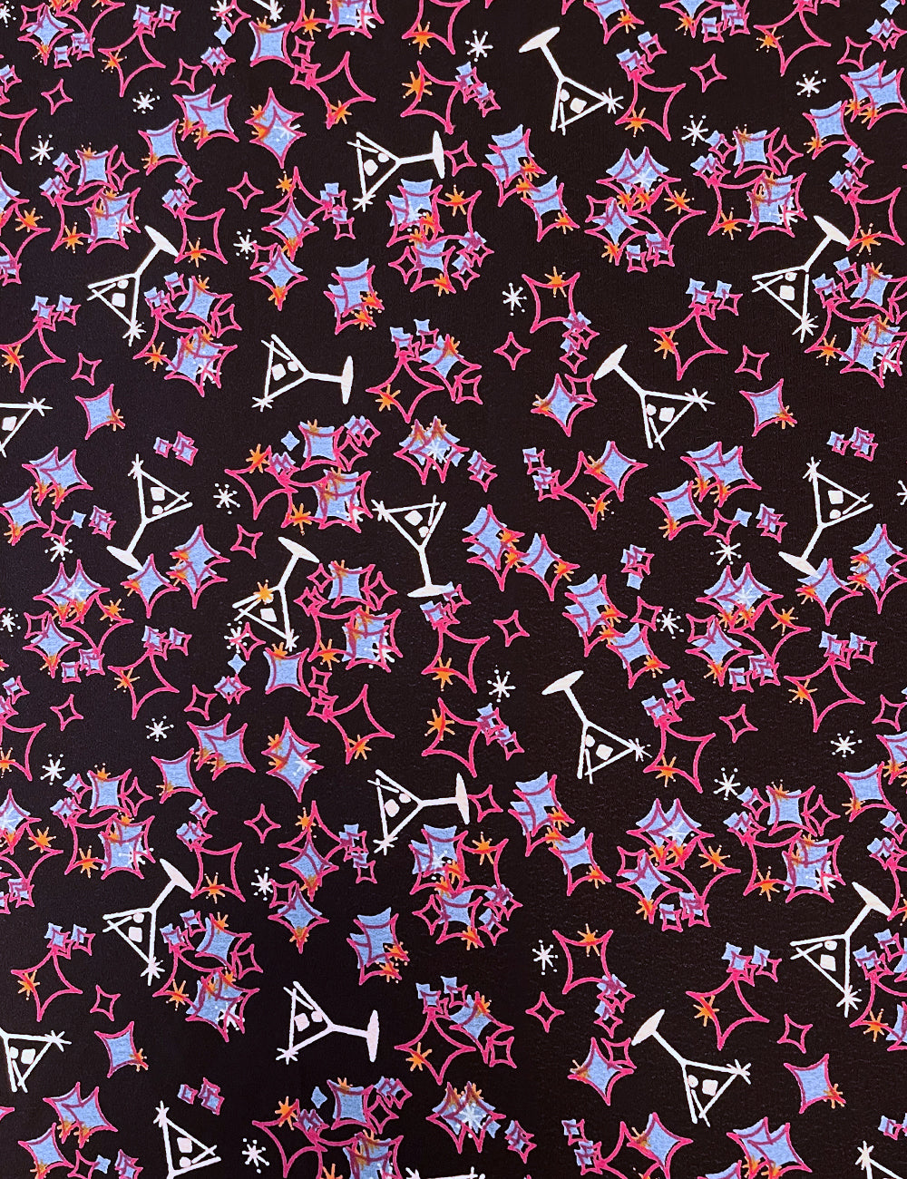 Midcentury Black Martini Print Rayon Crepe Fabric - 1.25 yd