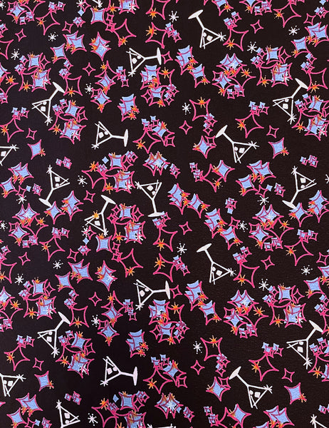 Midcentury Black Martini Print Rayon Crepe Fabric - 1.25 yd