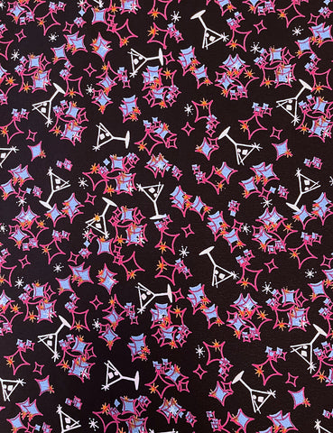 Midcentury Black Martini Print Rayon Crepe Fabric - 1.25 yd