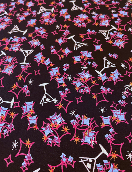Midcentury Black Martini Print Rayon Crepe Fabric - 1.25 yd