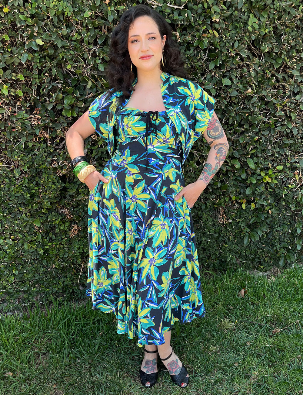 Bright Chartreuse Floral 1940s Marta Halter Swing Dress