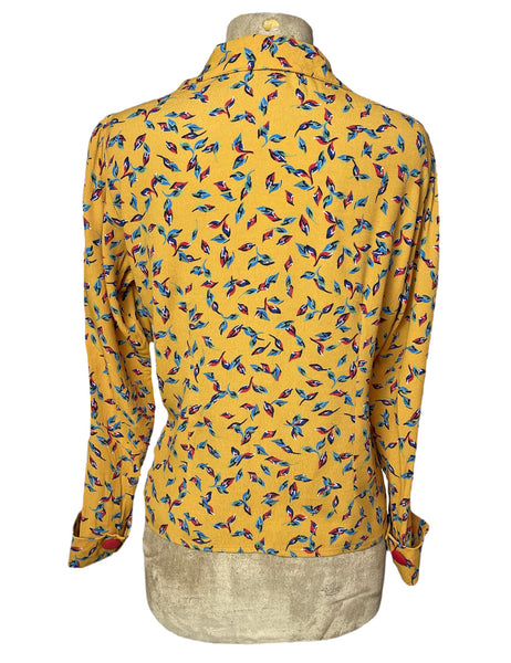 Mustard Yellow Colorful Fall Leaves 1940s Button Up Hepburn Blouse