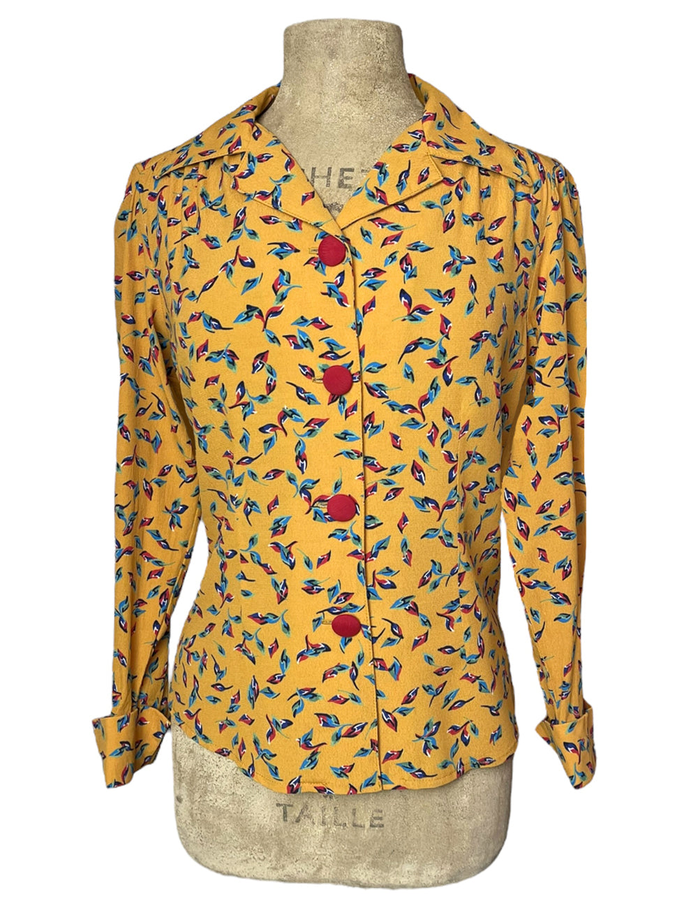 Mustard Yellow Colorful Fall Leaves 1940s Button Up Hepburn Blouse
