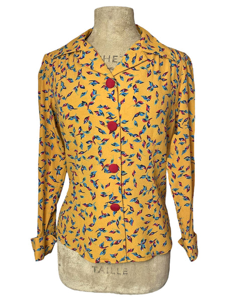 Mustard Yellow Colorful Fall Leaves 1940s Button Up Hepburn Blouse