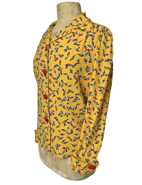 Mustard Yellow Colorful Fall Leaves 1940s Button Up Hepburn Blouse
