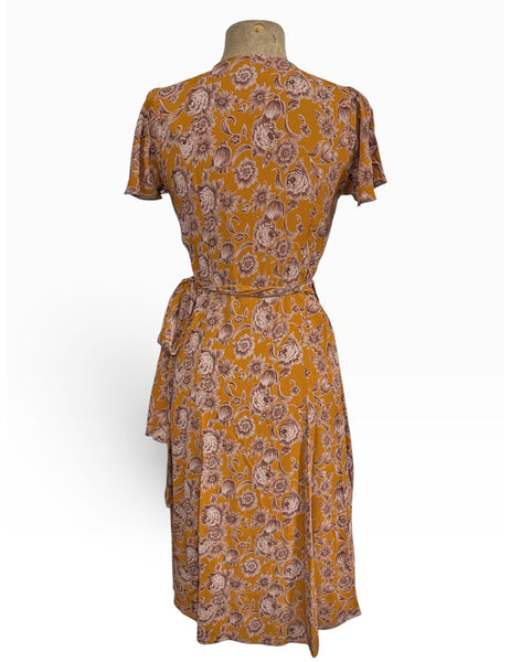 Mustard Yellow Antique Floral Biasa Wrap Dress