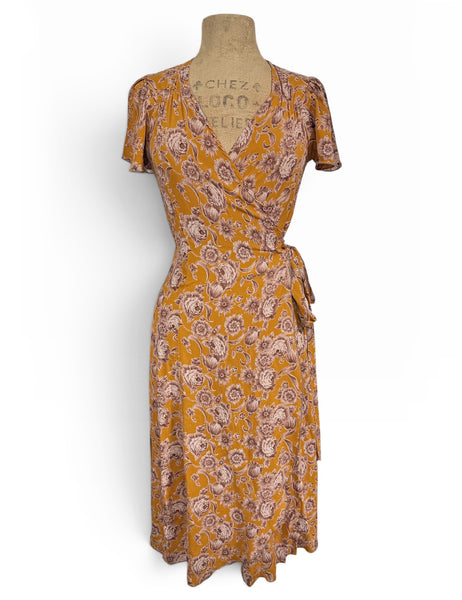 Mustard Yellow Antique Floral Biasa Wrap Dress