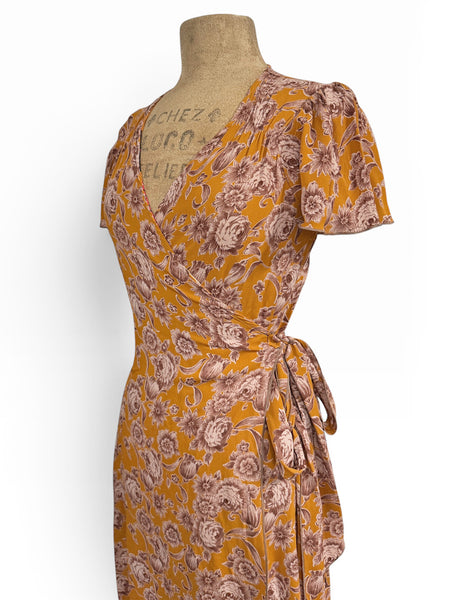 Mustard Yellow Antique Floral Biasa Wrap Dress