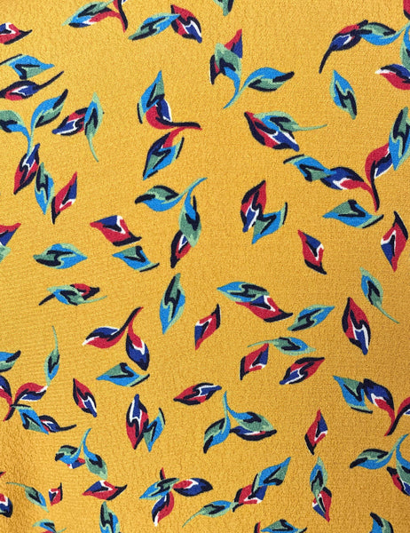 Mustard Yellow Colorful Leaves 1940s Sleeved Day Dress