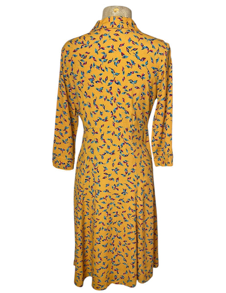Mustard Yellow Colorful Leaves 1940s Sleeved Day Dress