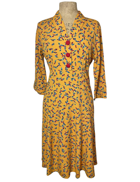 Mustard Yellow Colorful Leaves 1940s Sleeved Day Dress