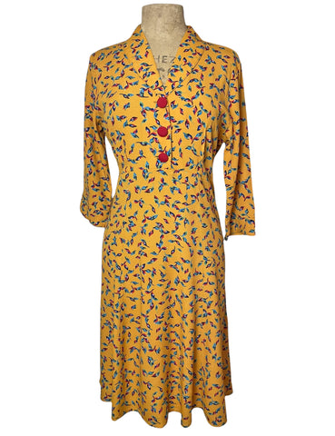 Mustard Yellow Colorful Leaves 1940s Sleeved Day Dress