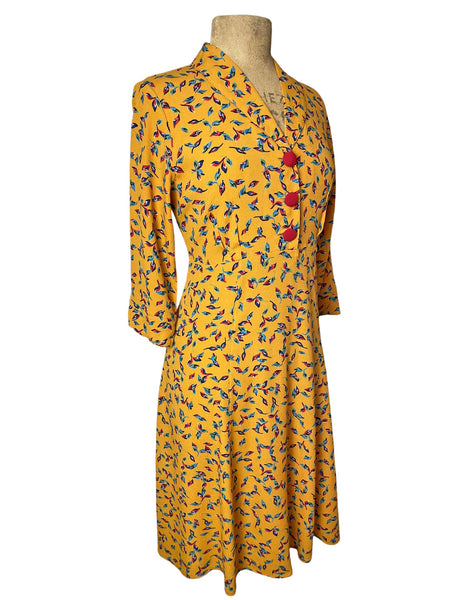Mustard Yellow Colorful Leaves 1940s Sleeved Day Dress