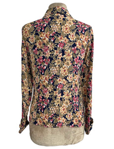 Navy Antique Floral 1940s Button Up Hepburn Blouse