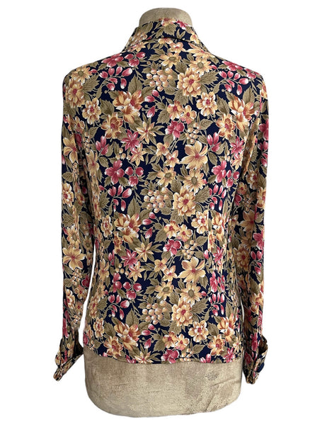 Navy Antique Floral 1940s Button Up Hepburn Blouse